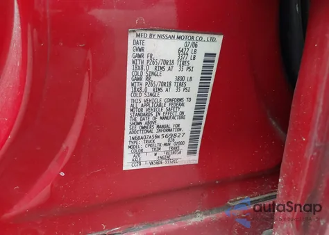 2006 Nissan Titan Se из США, поврежденный, VIN 1N6BA07A56N569827